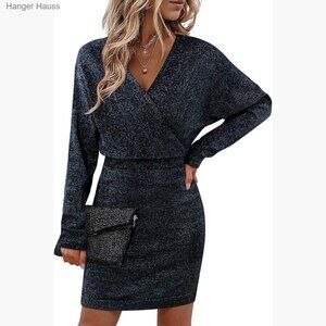 Sexy V-Neck Batwing Sleeve Sparkly Bodycon Midi Sweater Dress